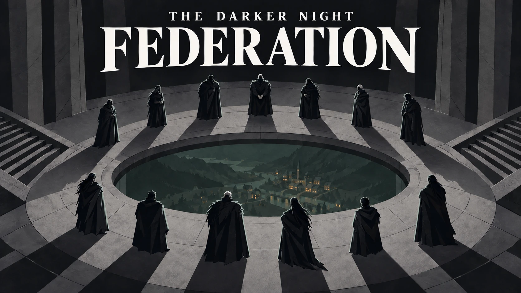The Darker Night: Federation concept cover. Thirteen immortal silhouettes stand as equals around a circular stone chamber, overlooking a distant human settlement.